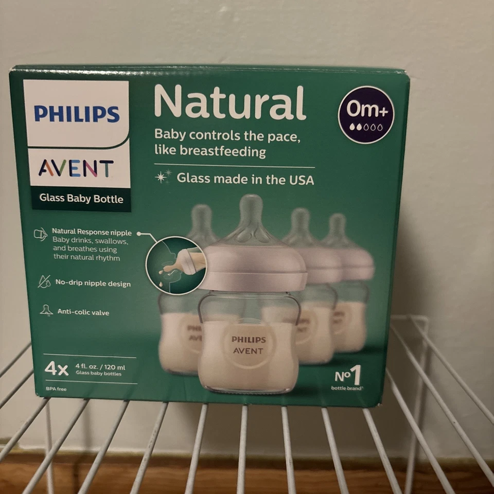 Philips Avent 4 Ounce 4 Ounce 玻璃奶瓶 4 件装 自然反应乳头 — 第 1/1 张图片
