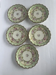Antichi piatti da dessert Limoges, AK/CD, verde menta, fiori rosa, bordo oro pesante - Foto 1 di 11