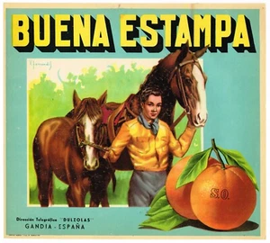 ORANGE KISTE ETIKETT SPANISCH SPANIEN VINTAGE GUTE RASSE PFERD THOROHBRED REITEN  - Bild 1 von 1