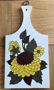 Vintage 1970s Wooden Cutting Board Brown Green Yellow Sunflower Made in Japan - Picture 1 of 4