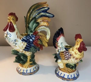 FITZ & FLOYD Ricamo Colorful Rooster Hen Chicken CANDLESTICK HOLDERS Set of 2 - Picture 1 of 15