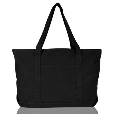 DALIX Womens 23" Deluxe 24 oz. Cotton Canvas Tote Bag Zippered in Black - Image 1 of 4