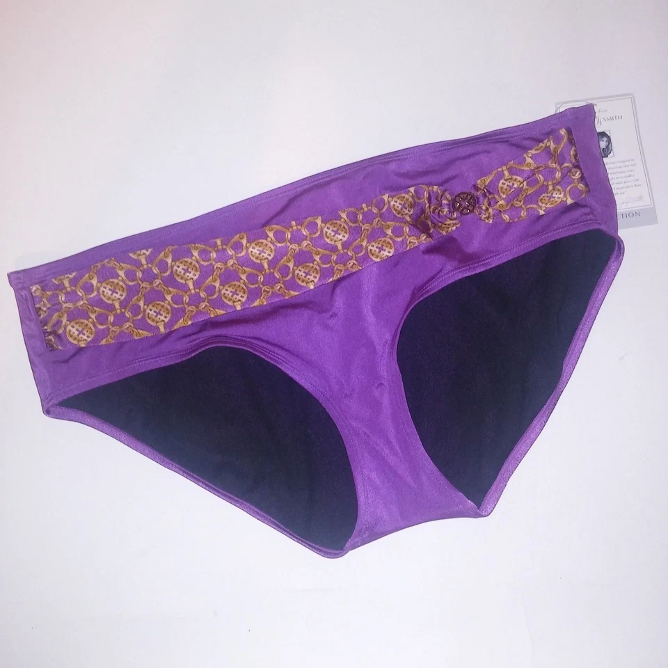 Jaclyn Smith Brief Bikini Bottom Swimwear Swim Suit Purple Gold Chains Sexy - Image 1 of 1
