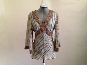 Allison Taylor V Neck Blouse Brown Green and Blue Blouse Long Open Sleeves Top M - Picture 1 of 6