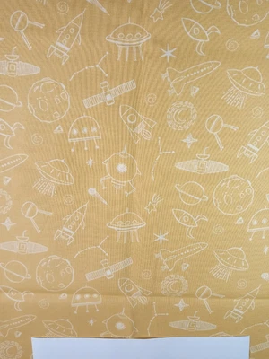 Hi-Fashion Fabrics Gold Background  Spaceships/Planets/Stars 2 Yards + 2" x 45" - Image 1 of 4