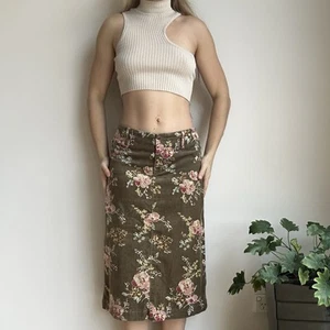 Blue Illusion Women's XS Khaki Green Floral Low Rise Velvet Midi Skirt - Picture 1 of 7