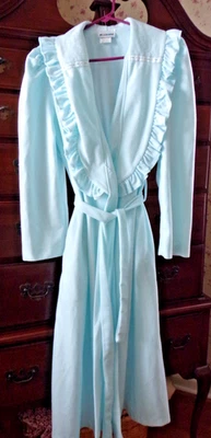 Vtg Sears Apostrophe  Blue Robe House Coat Ruffled Collar~Self Tie  Womens 12/14 - Image 1 of 4