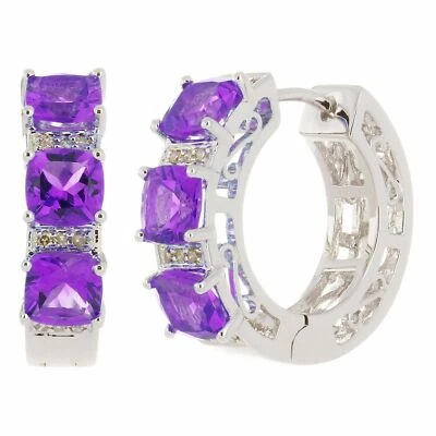 10k White Gold 0.10ctw Amethyst & Diamond Chunky Huggie Hoop Earrings - Image 1 of 3