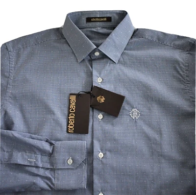 Nueva Camisa de Vestir ROBERTO CAVALLI Azul Blanco 100% ALGODÓN SLIM FIT Para Hombre 42/16.5 Foto 1 de 4