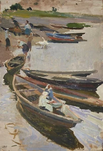 Konstantin Iwanowitsch Pokulität (Ukraine, geb.1934) Öl auf Karte. "In einem Boot" 1954 - Bild 1 von 4
