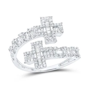10K White Gold Real Baguette Diamond Women's Bypass Cross Cuff Band Ring 3/4 CT - Picture 1 of 1