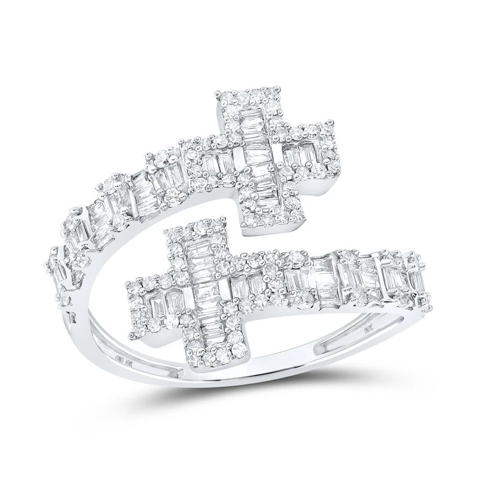 10K White Gold Real Baguette Diamond Women's Bypass Cross Cuff Band Ring 3/4 CT - Image 1 of 1