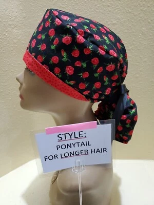 Roses Red (tiny) Valentines Women's Ponytail Surgical Scrub Hat/Cap Handmade - Image 1 of 4