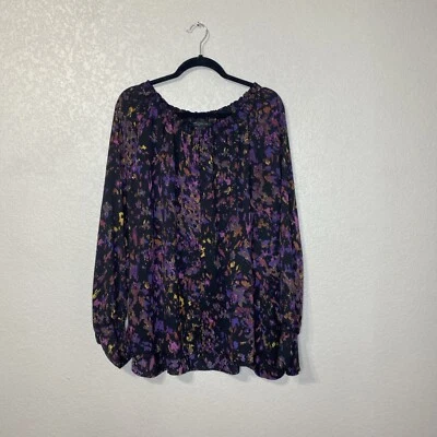 Blusa Joan Vass Mujer Abotonada Talla 3X Negra Púrpura Acuarela Smocking Artística Foto 1 de 4