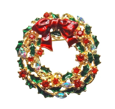 Broche prendedor corona Navidad Navidad vacaciones con cristales rojos hojas de acebo verde arco rojo Foto 1 de 4