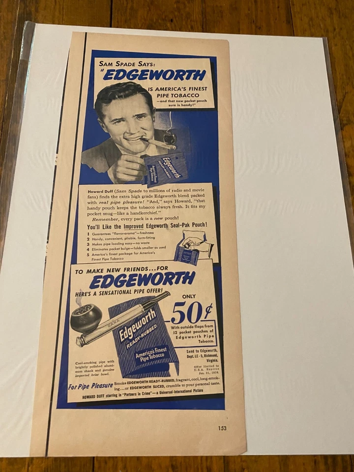Anuncio de tabaco pipa Sam Spade Edgeworth 1949 vintage Foto 1 de 1