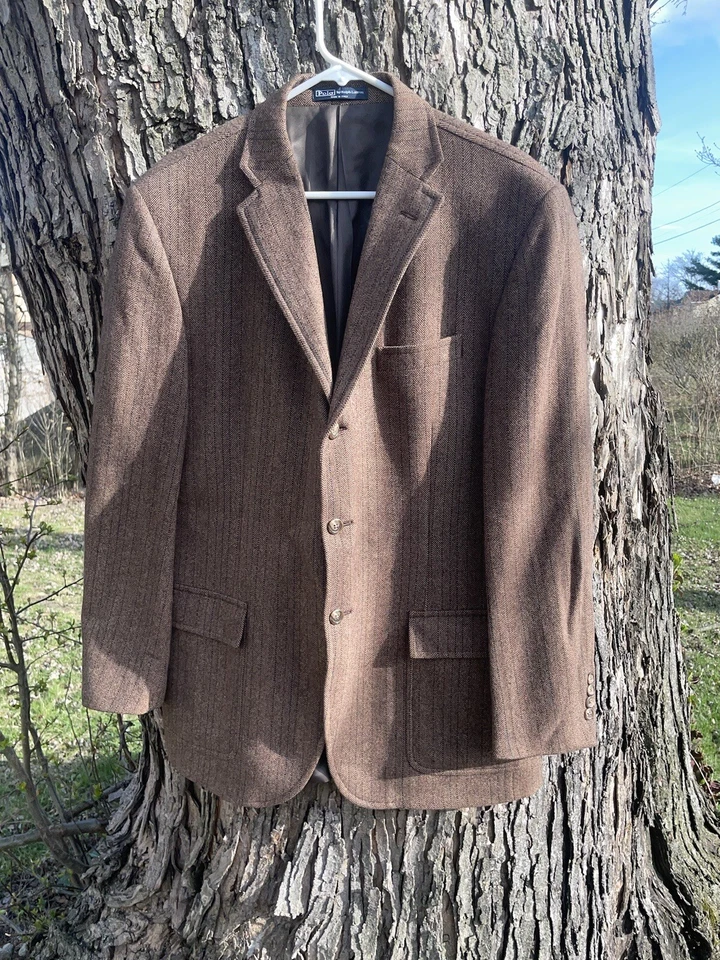 VTG Polo Ralph Lauren Brown Tweed Blazer RRL Jacket 44L Herringbone Stripe Gent - Image 1 of 4