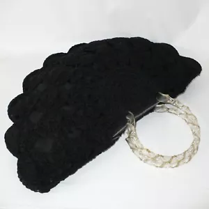 Vintage 1940s Black Soutache Fan Handbag Lucite Bracelet Handles - Picture 1 of 6