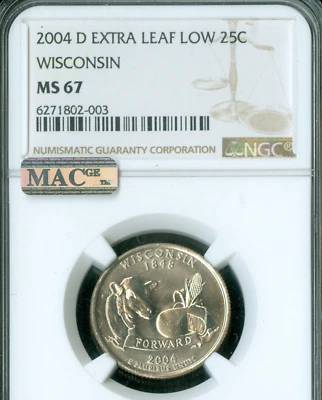 2004 D WISCONSIN STATE QUARTER EXTRA LEAF LOW NGC MS67 PQ MAC SPOTLESS . - Image 1 of 2