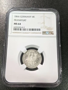 1866 MS64 Germany Frankfurt Am Main Silver 6 Kreuzer KM 374 NGC - Picture 1 of 2