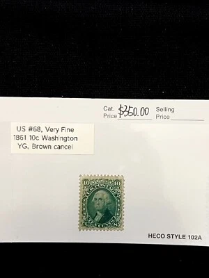 US Stamp #68, 1861, Washington 10c, Brown Cancel, VF - RARE! CV=$350 - Image 1 of 4