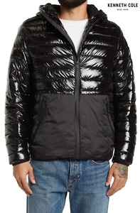 KENNETH COLE NWT $185 HOODED MIDWEIGHT QUILTED ZIP SHINY BLACK JACKET. SZ M - Picture 1 of 10