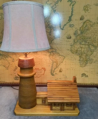 Vintage Handmade Wooden Nautical Table Lamp 27" Large Lighthouse  W/Cottage OOAK - Image 1 of 4