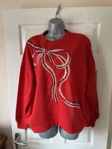 Next NEW Red & Silver Christmas Bow Sparkle Sequin Sweatshirt - Medium - BNWT - Picture 1 of 12