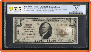 KC- Fr.1801-1 1929 NB of Clearfield , PA #855 - VF 20 PCGS Banknote - Picture 1 of 3