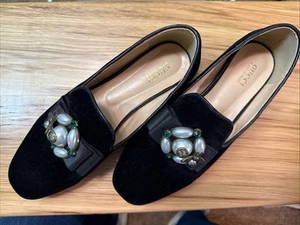 Gucci Etoile Faux-pearl Embellished Black Double G Velvet Flat Loafer EU 40 - Picture 1 of 4