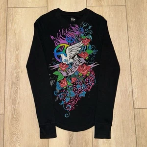 y2k Colorful peace roses black thermal knit long sleeve shirt Youth L Rainbow - Picture 1 of 5