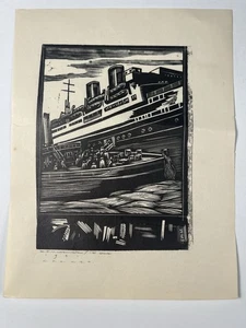 Earl Marshawn Washington Schiffsszene Blockdruck geschmiedet 1931 Sig Art Deco beschädigt - Bild 1 von 18