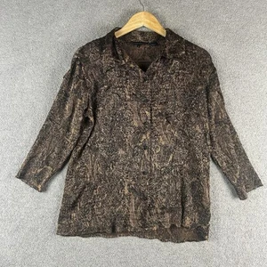 Sandra Steiner Women's Crinkle Button Up Shirt XL Brown Abstract Print Top Y2K - Picture 1 of 24