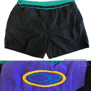 Vtg 80's OP Ocean Pacific Black Swim Shorts LOGO Trim SURFER Nylon Beach Trunks - Picture 1 of 8