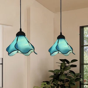 Tiffany Flower Pendant Lighting Vintage Blue Glass Plug-in Hanging Lamp Art Deco - Picture 1 of 10