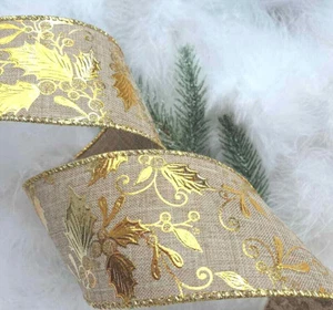 1m 63mm LUXURY WIRED NATURAL & GOLD CHRISTMAS RIBBON EMBOSSED HOLLY TREE BOW - Picture 1 of 3