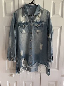 SHEIN SXY Flap Pocket Ripped Raw Hem Denim Jacket Size Medium - Picture 1 of 6