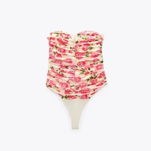 Zara Small Bodysuit Strapless Pink Roses Barbie Feminine Party Coquette Girlie - Picture 1 of 15