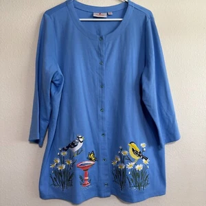 Quacker Factory Cardigan Womens 1X Blue Embroidered Birds Pearl Snap Sweater - Picture 1 of 10