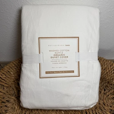 POTTERY BARN TEEN WASHED COTTON RUFFLE ORGANIC DUVET COVER, TWIN/XL ~ WHITE - Image 1 of 4