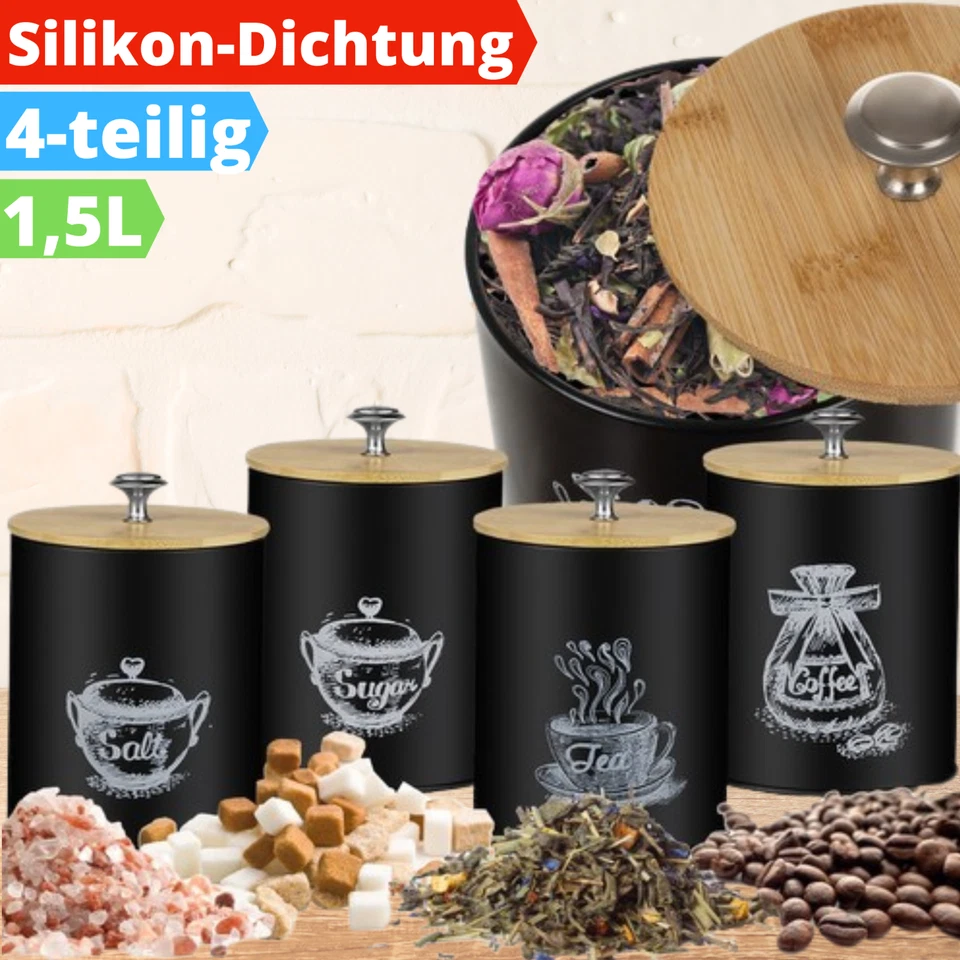 Küchenbehälter Dose Set Kaffee Tee Salz Zucker Bambus Küche Aufbewahrung 1,5 L - Bild 1 von 4