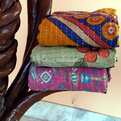 3 Pcs Lot Single Kantha Quilt Bedspread Vintage Cotton Multicolor Gypsy Blanket - Image 1 of 4
