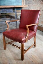 Vintage Leather Arm Chair Nail Studded Desk Accent Chair red oxblood wood legs
