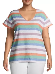 T-shirt a righe Terra & Sky taglie forti collo a V con maniche corte, multi, 0X (14W) - Foto 1 di 2