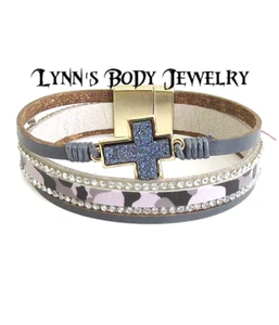 Multi Layer Druzy Cross Charm * Gray Camouflage * Leather Magnetic Bracelet - Picture 1 of 1