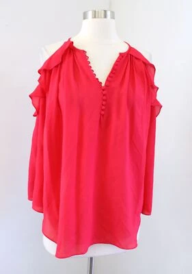Rachel Zoe Alea Silk Chiffon Ruffle Cold Shoulder Button Blouse Top Size 6 Red - image 1 of 4