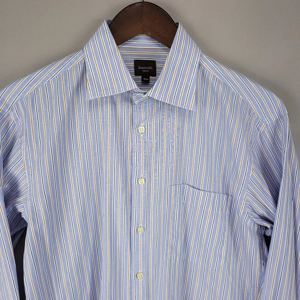 Santorelli Shirt Mens Medium 15.5 Trim Fit Blue Brown Striped Spread Collar - Image 1 of 4