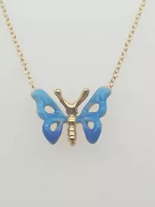 Dainty 14K Yellow Gold Blue Enamel Butterfly Pendant Necklace 18.5" - Picture 1 of 5