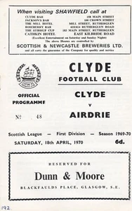 CLYDE V AIRDRIE ~ 18. APRIL 1970 ~ SCHOTTISCHES FUSSBALLPROGRAMM DER ERSTEN LIGA - Bild 1 von 2