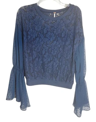 Top Free People Azul Encaje Talla XS Lunares Manga Acampanada Extremo Semi Transparente Foto 1 de 4